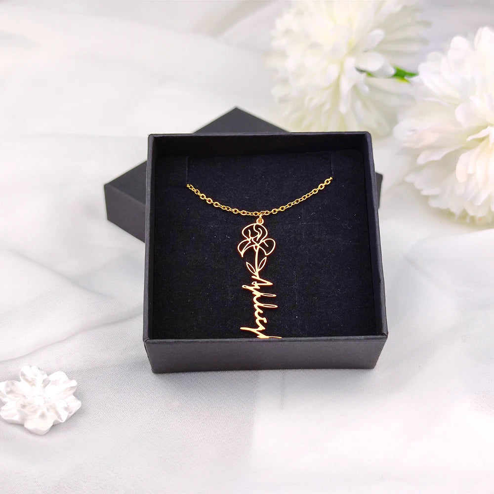 Custom Name Flower Necklace with Birthstone Pendant Necklace for Women Personalized Stainless Steel Jewelry Choker Birthday Gift