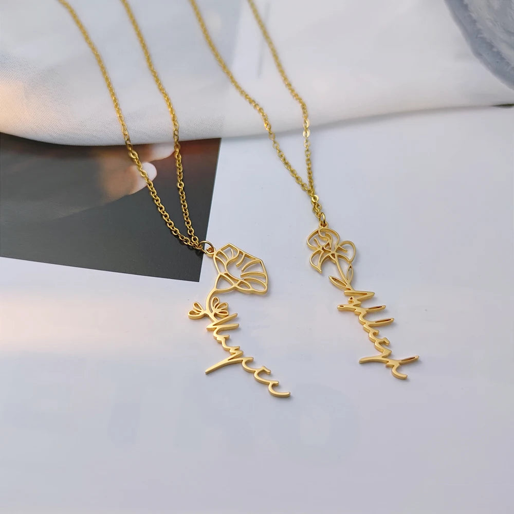 Custom Name Flower Necklace with Birthstone Pendant Necklace for Women Personalized Stainless Steel Jewelry Choker Birthday Gift