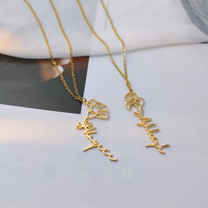 Custom Name Flower Necklace with Birthstone Pendant Necklace for Women Personalized Stainless Steel Jewelry Choker Birthday Gift