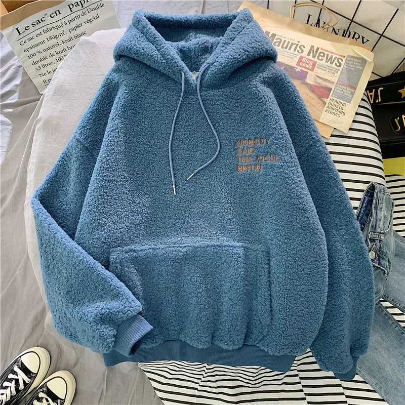 Women's Trendy Korean Style Loose-Fit Fleece-Lined Thickened Sweatshirt With Hoodie Autumn/Winter Warm and Comfortable