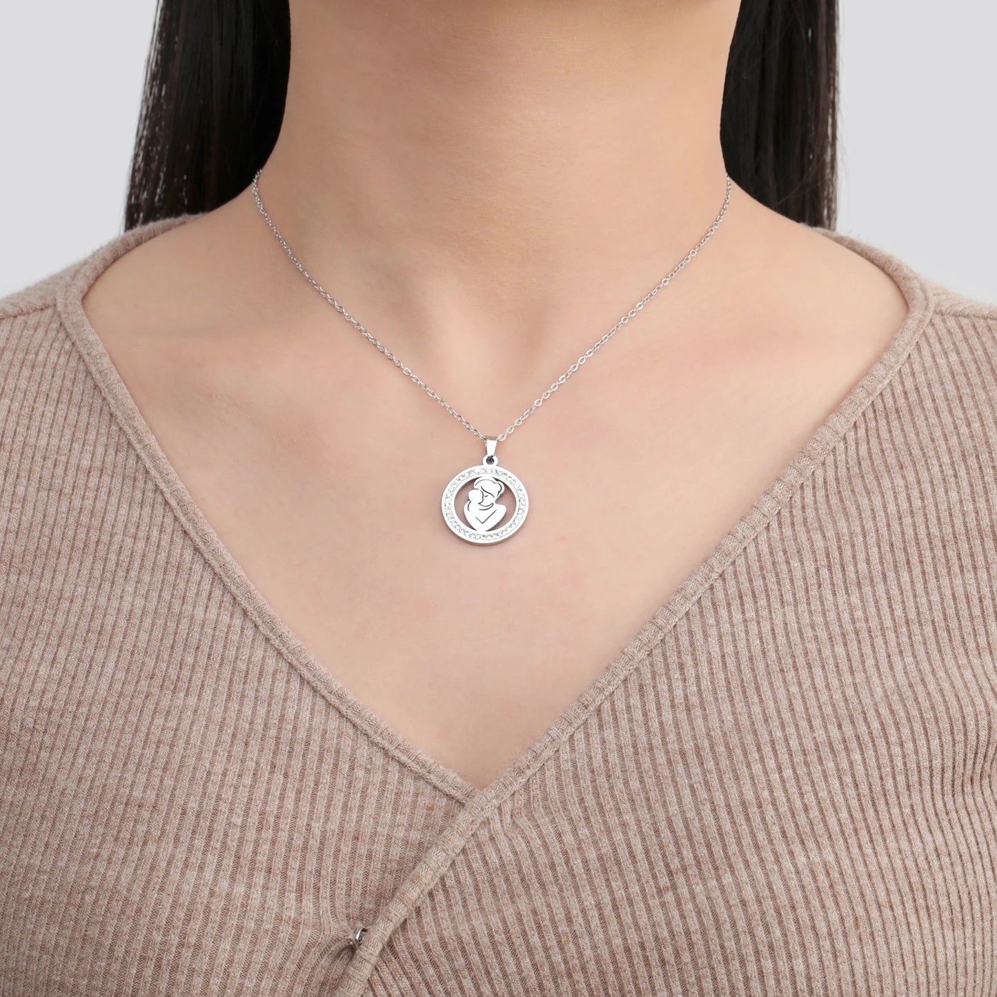 Mom Baby Clear Zircon Round Pendant Necklace Stainless Steel Gold Color Choker Fashion Family Jewelry Mother's Day Gift New In