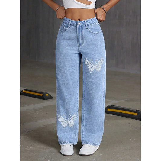 Y2K Butterfly Print Straight Leg Jeans Women's Fashionable Long Pants Spring Autumn New Style Street Style Loose Fit Jeans