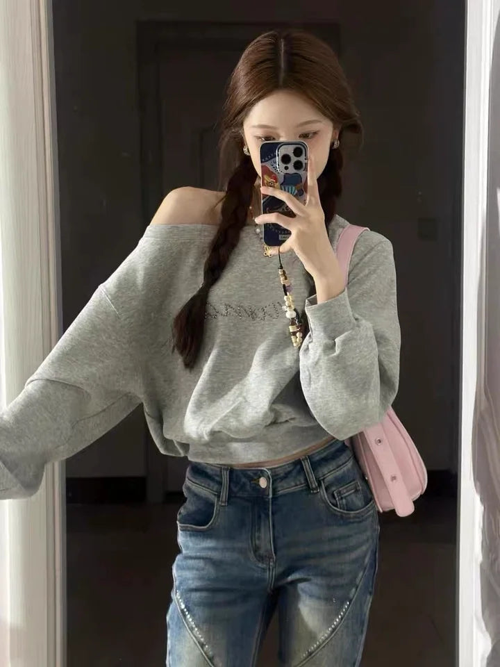 Women Hoodies Autumn Streetwear Off Shoulder Seductive Cropped All-match Sweatshirts Baggy Fashion Print Design Aesthetic Casual
