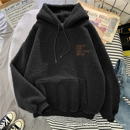 Women's Trendy Korean Style Loose-Fit Fleece-Lined Thickened Sweatshirt With Hoodie Autumn/Winter Warm and Comfortable