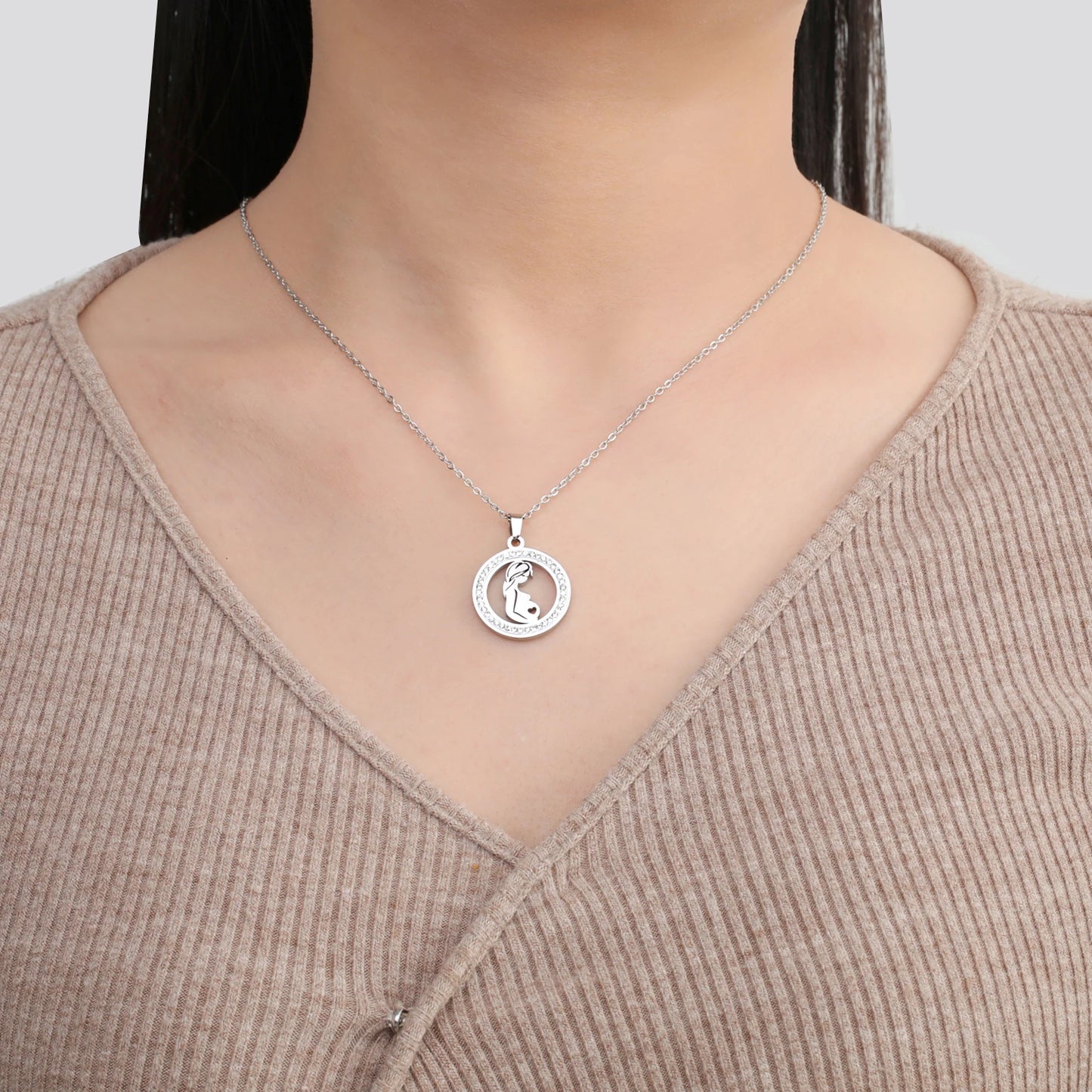 Mom Baby Clear Zircon Round Pendant Necklace Stainless Steel Gold Color Choker Fashion Family Jewelry Mother's Day Gift New In