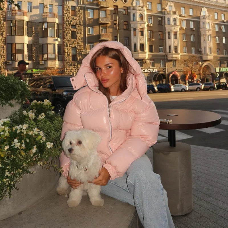 Solid Glossy Zipper Hooded Coats Women's Warm Elastic Waist Pleated Short Cotton Jacket 2025 Winter New Lady High Street Outwear