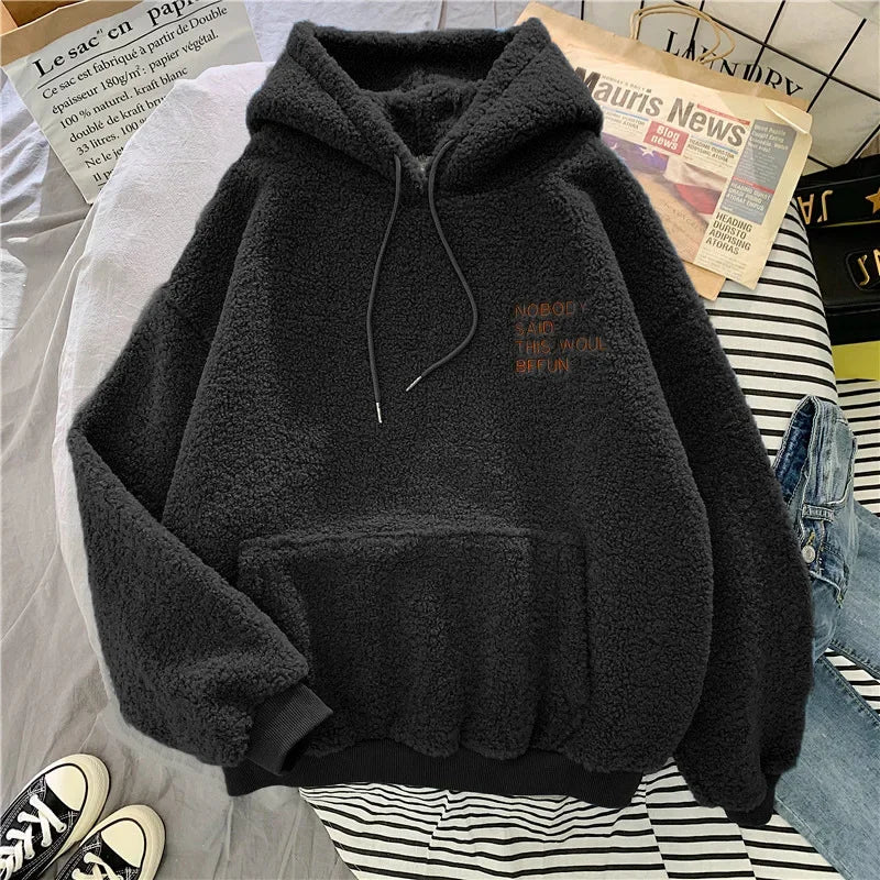 Women's Trendy Korean Style Loose-Fit Fleece-Lined Thickened Sweatshirt With Hoodie Autumn/Winter Warm and Comfortable