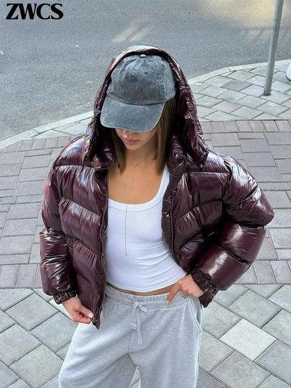 Solid Glossy Zipper Hooded Coats Women's Warm Elastic Waist Pleated Short Cotton Jacket 2025 Winter New Lady High Street Outwear