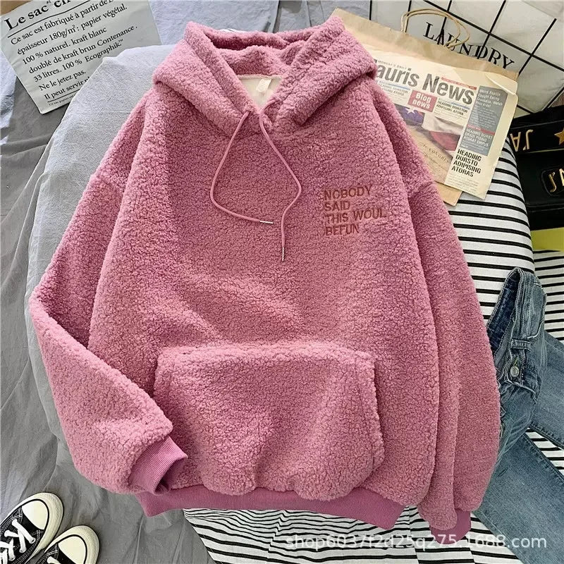 Women's Trendy Korean Style Loose-Fit Fleece-Lined Thickened Sweatshirt With Hoodie Autumn/Winter Warm and Comfortable