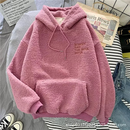 Women's Trendy Korean Style Loose-Fit Fleece-Lined Thickened Sweatshirt With Hoodie Autumn/Winter Warm and Comfortable