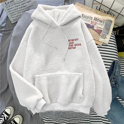 Women's Trendy Korean Style Loose-Fit Fleece-Lined Thickened Sweatshirt With Hoodie Autumn/Winter Warm and Comfortable