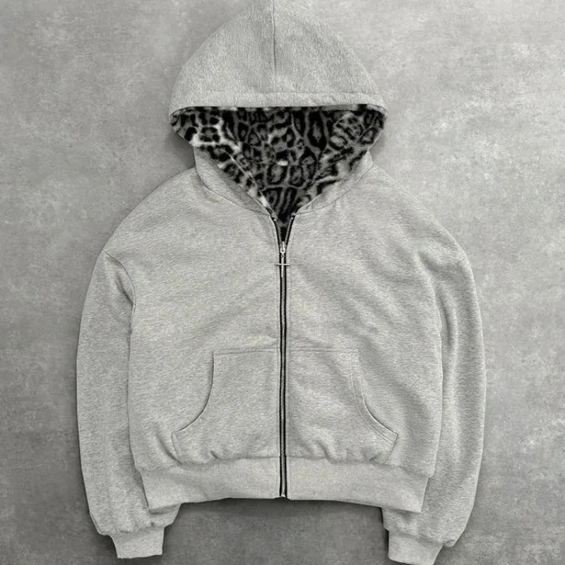 Unisex hoodie hooded sweatshirt with leopard print lining pocket, loose cardigan, zipper sweatshirt, streetwear style