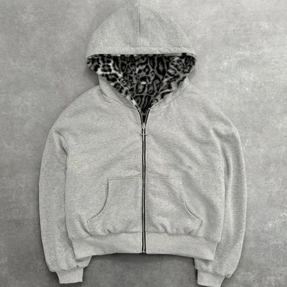 Unisex hoodie hooded sweatshirt with leopard print lining pocket, loose cardigan, zipper sweatshirt, streetwear style