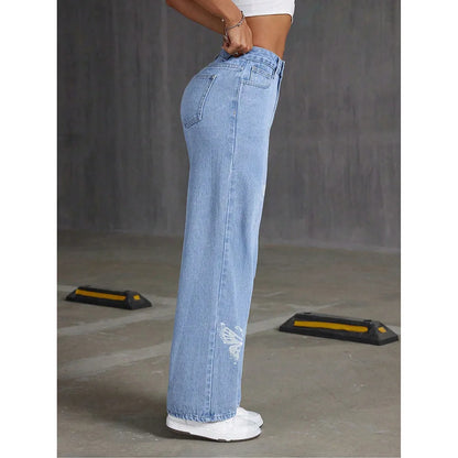 Spodnie Dżinsowe Straight Leg z Motylkami