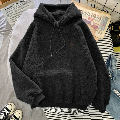 Women's Trendy Korean Style Loose-Fit Fleece-Lined Thickened Sweatshirt With Hoodie Autumn/Winter Warm and Comfortable