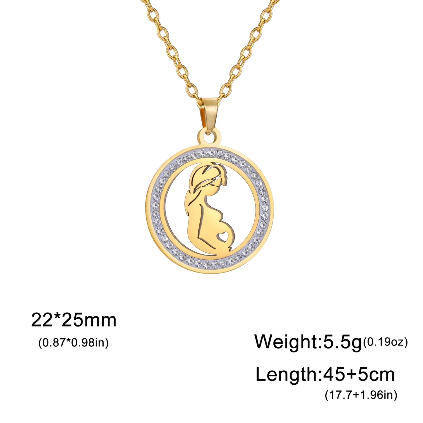 Mom Baby Clear Zircon Round Pendant Necklace Stainless Steel Gold Color Choker Fashion Family Jewelry Mother's Day Gift New In
