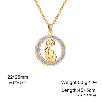 Mom Baby Clear Zircon Round Pendant Necklace Stainless Steel Gold Color Choker Fashion Family Jewelry Mother's Day Gift New In