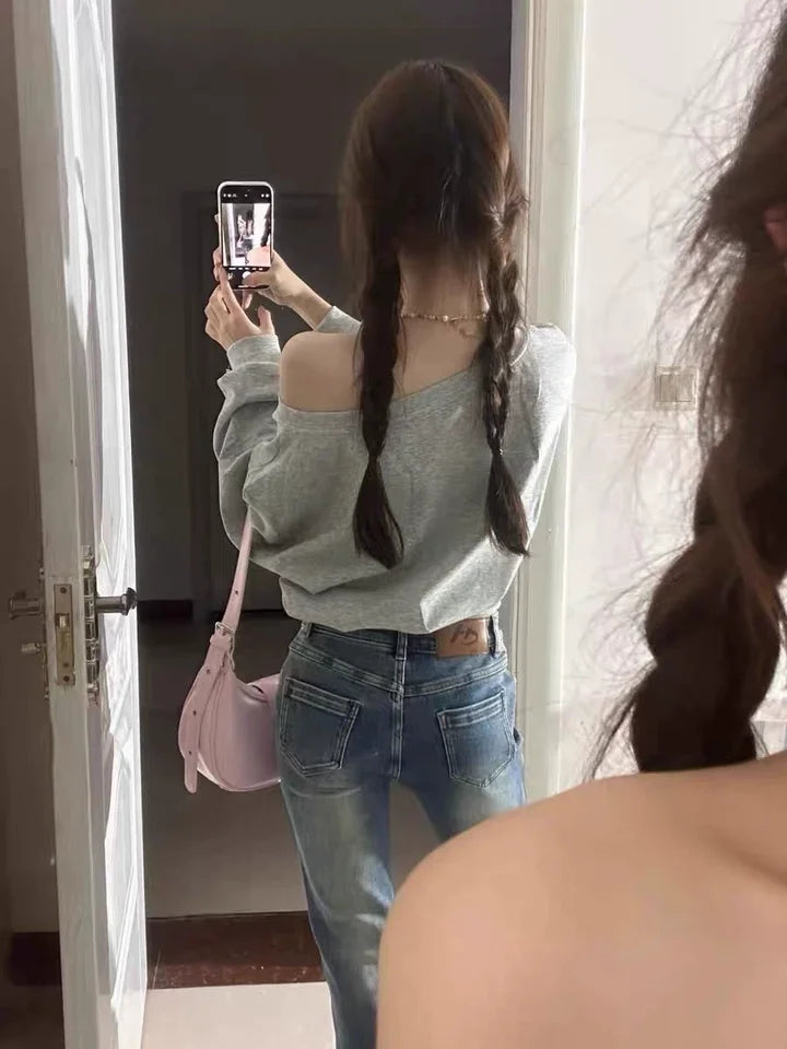 Women Hoodies Autumn Streetwear Off Shoulder Seductive Cropped All-match Sweatshirts Baggy Fashion Print Design Aesthetic Casual