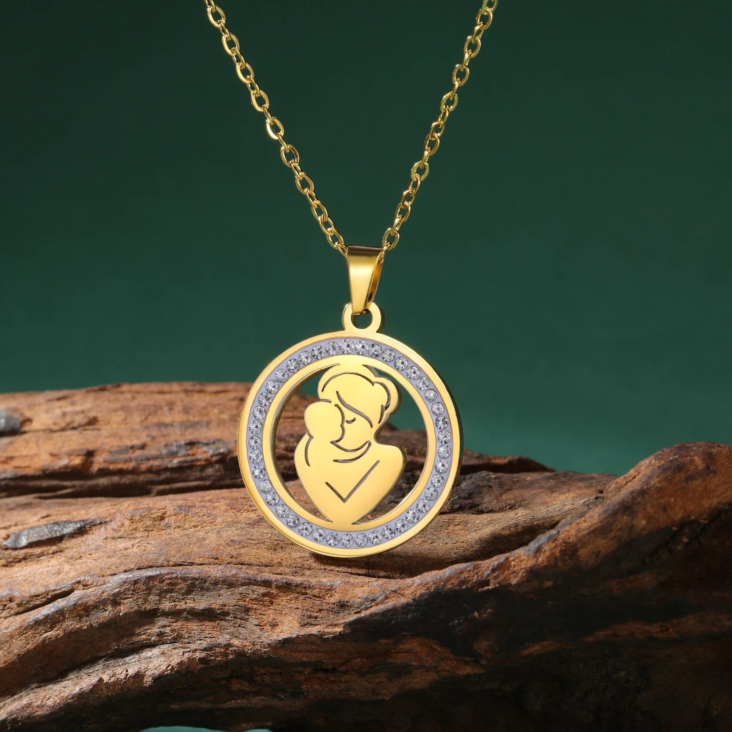 Mom Baby Clear Zircon Round Pendant Necklace Stainless Steel Gold Color Choker Fashion Family Jewelry Mother's Day Gift New In