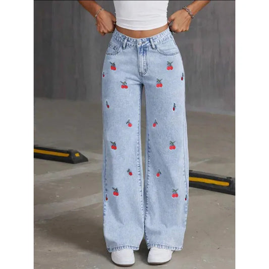 Wide Leg Jeans Cherry Detail
