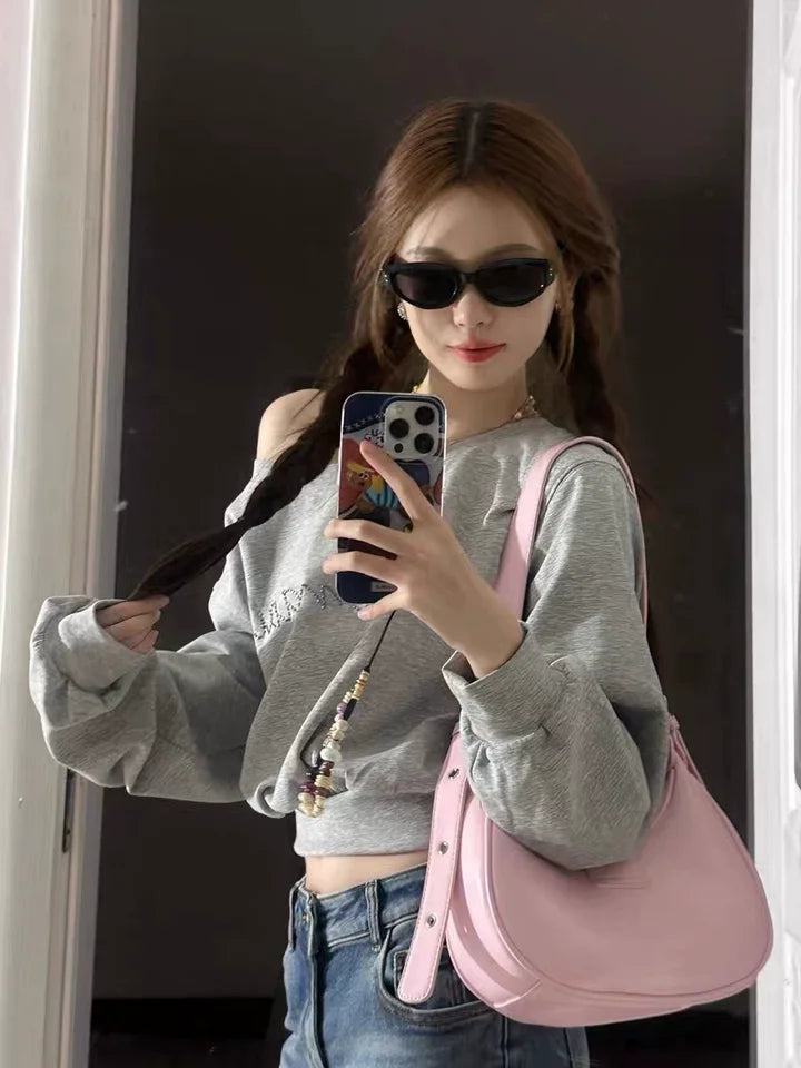 Women Hoodies Autumn Streetwear Off Shoulder Seductive Cropped All-match Sweatshirts Baggy Fashion Print Design Aesthetic Casual