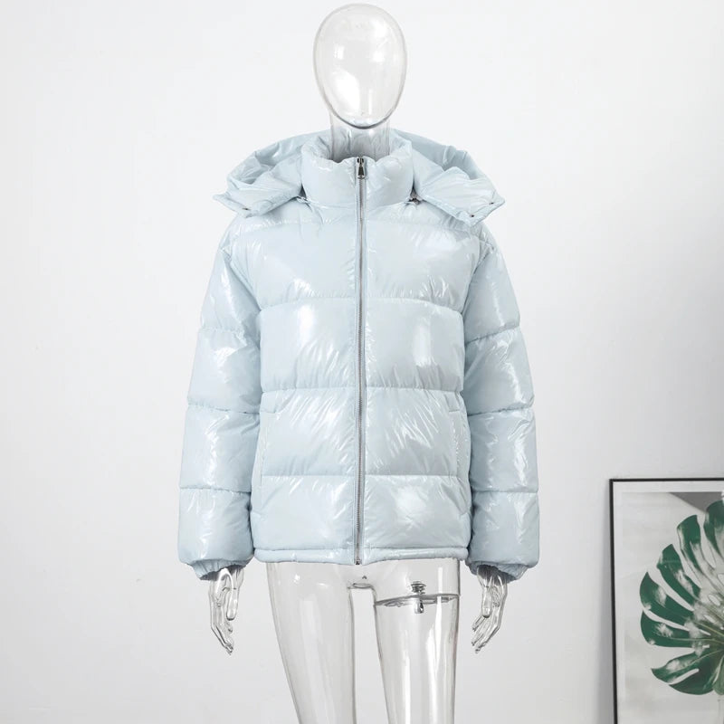 Solid Glossy Zipper Hooded Coats Women's Warm Elastic Waist Pleated Short Cotton Jacket 2025 Winter New Lady High Street Outwear