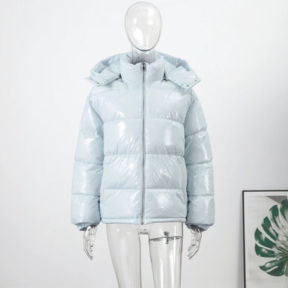 Solid Glossy Zipper Hooded Coats Women's Warm Elastic Waist Pleated Short Cotton Jacket 2025 Winter New Lady High Street Outwear