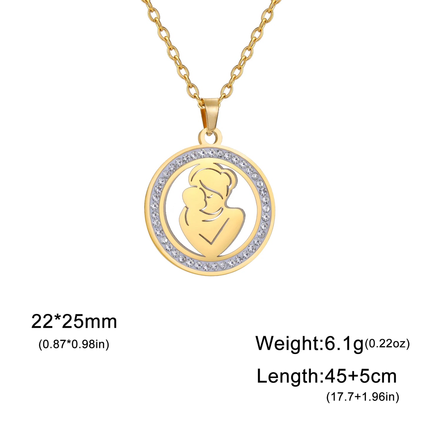 Mom Baby Clear Zircon Round Pendant Necklace Stainless Steel Gold Color Choker Fashion Family Jewelry Mother's Day Gift New In