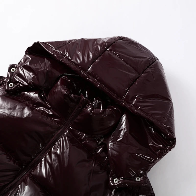 Solid Glossy Zipper Hooded Coats Women's Warm Elastic Waist Pleated Short Cotton Jacket 2025 Winter New Lady High Street Outwear