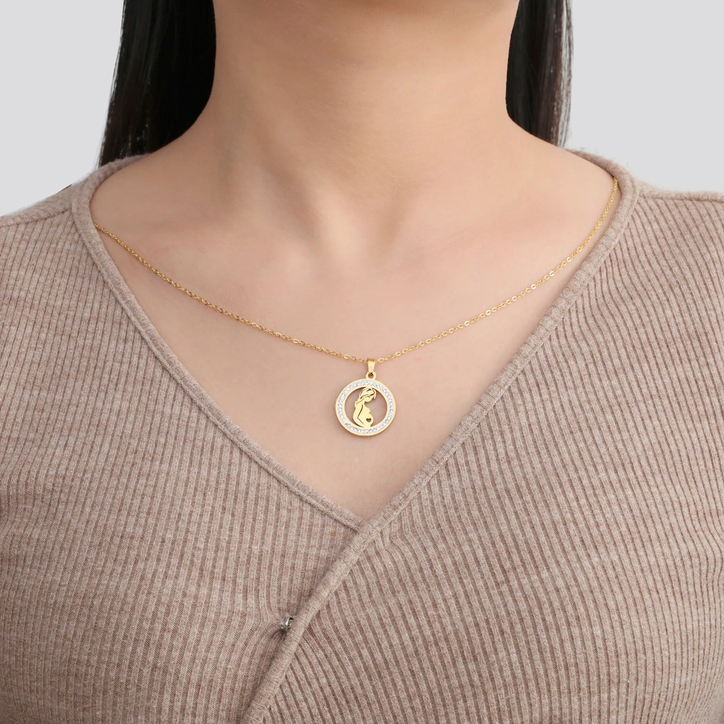 Mom Baby Clear Zircon Round Pendant Necklace Stainless Steel Gold Color Choker Fashion Family Jewelry Mother's Day Gift New In