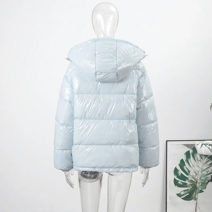 Solid Glossy Zipper Hooded Coats Women's Warm Elastic Waist Pleated Short Cotton Jacket 2025 Winter New Lady High Street Outwear