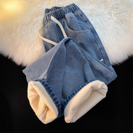 Women's Wide Leg Fleece Lined Thickened Straight Cut Jeans Comfortable Vintage Warm Trousers High Waist Casual Style