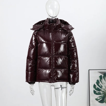 Solid Glossy Zipper Hooded Coats Women's Warm Elastic Waist Pleated Short Cotton Jacket 2025 Winter New Lady High Street Outwear