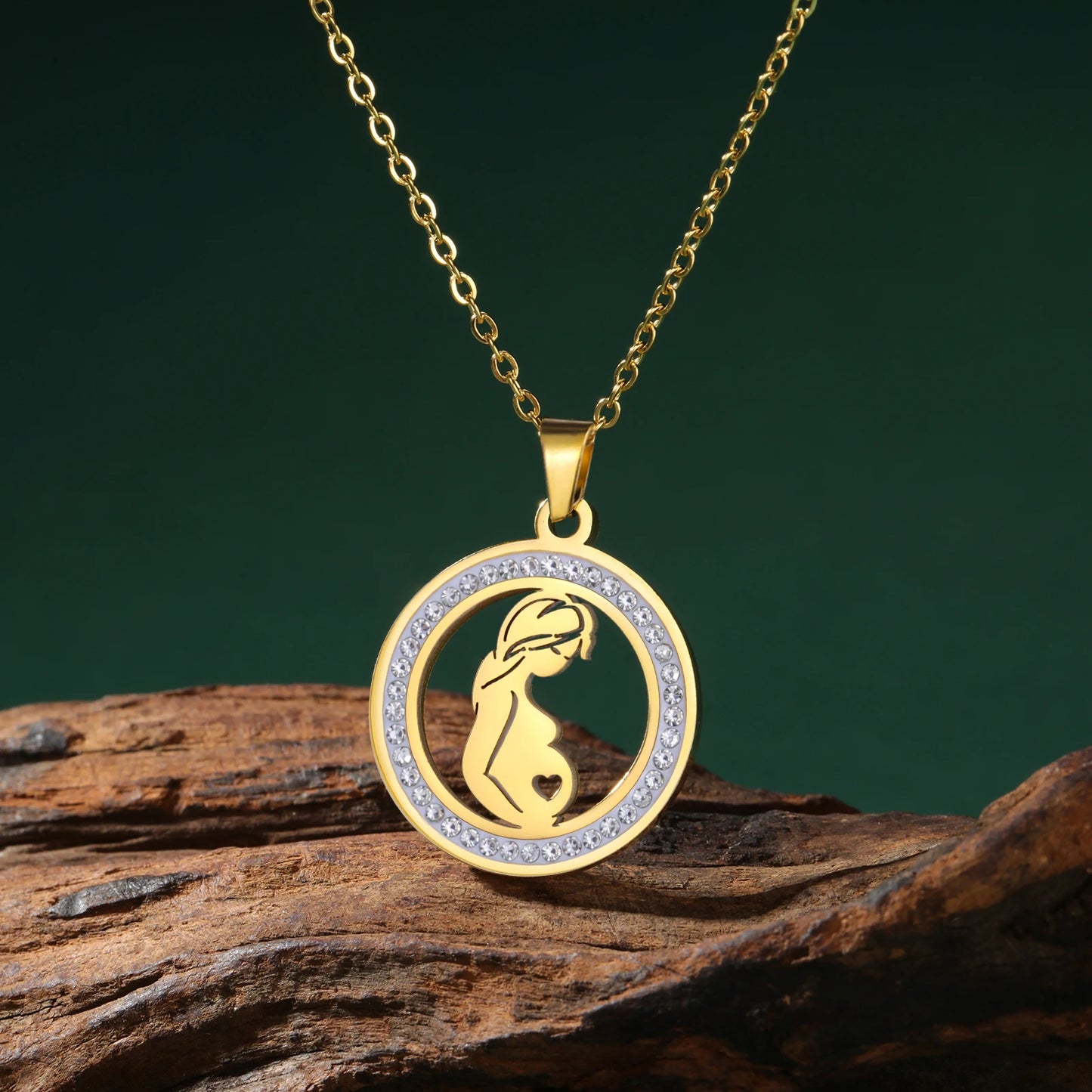 Mom Baby Clear Zircon Round Pendant Necklace Stainless Steel Gold Color Choker Fashion Family Jewelry Mother's Day Gift New In