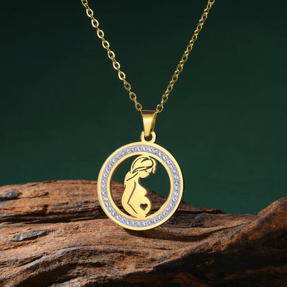 Mom Baby Clear Zircon Round Pendant Necklace Stainless Steel Gold Color Choker Fashion Family Jewelry Mother's Day Gift New In