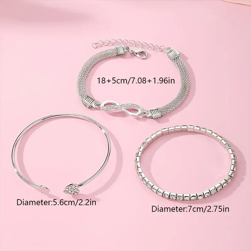 3pcs/Set Vintage Crystal Rhinestone Heart Bracelets for Women Fashion Geometric Adjustable Infinity Cuff Bangle Jewelry Gifts