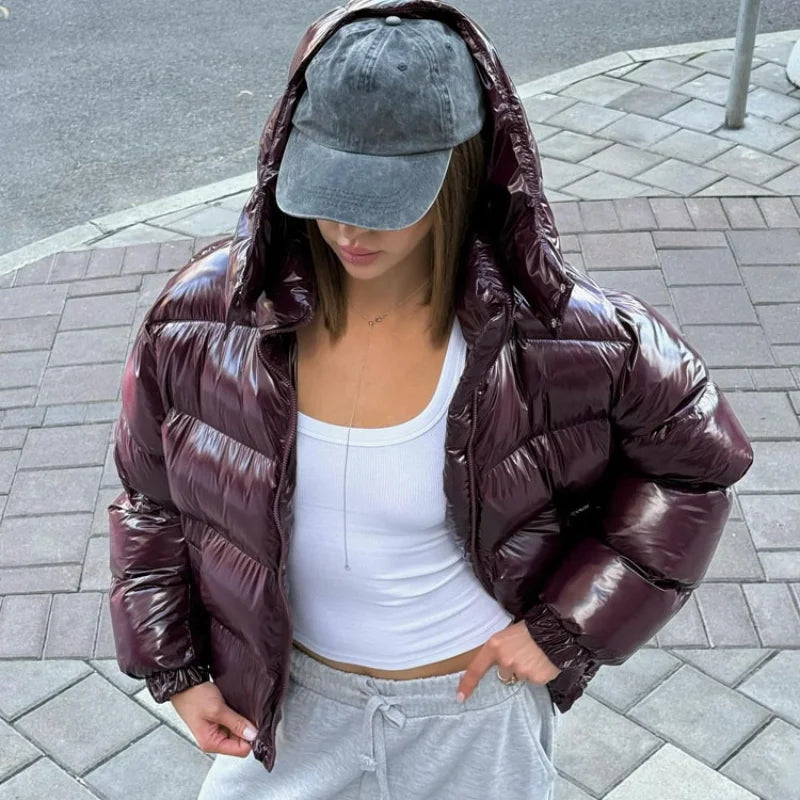 Solid Glossy Zipper Hooded Coats Women's Warm Elastic Waist Pleated Short Cotton Jacket 2025 Winter New Lady High Street Outwear