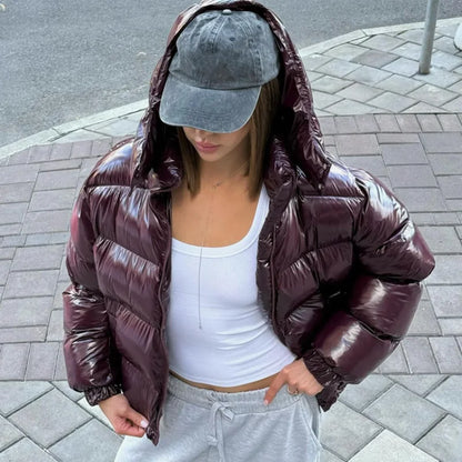 Solid Glossy Zipper Hooded Coats Women's Warm Elastic Waist Pleated Short Cotton Jacket 2025 Winter New Lady High Street Outwear