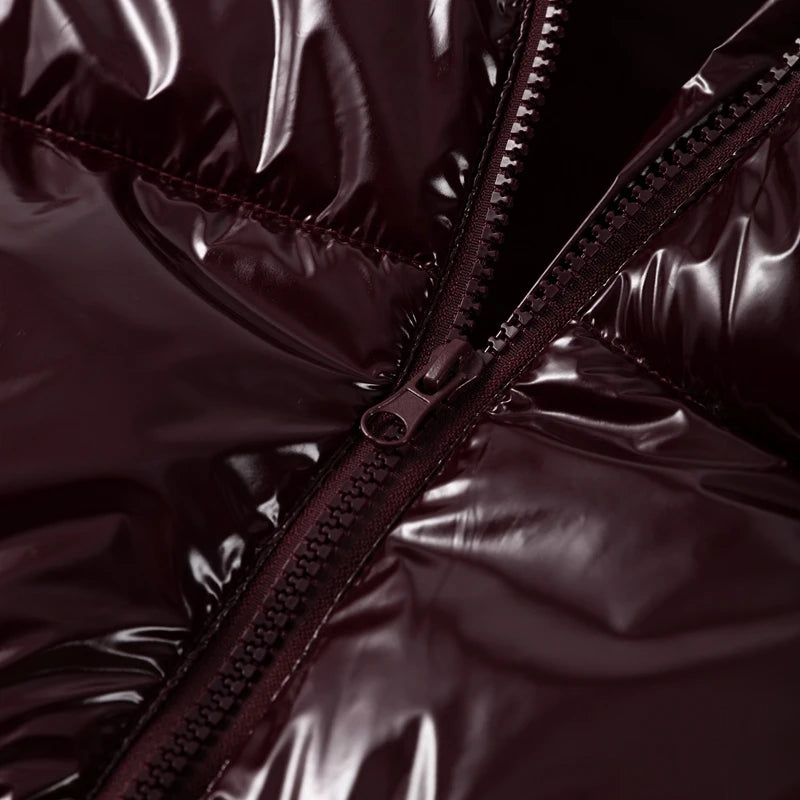 Solid Glossy Zipper Hooded Coats Women's Warm Elastic Waist Pleated Short Cotton Jacket 2025 Winter New Lady High Street Outwear