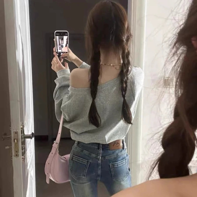 Women Hoodies Autumn Streetwear Off Shoulder Seductive Cropped All-match Sweatshirts Baggy Fashion Print Design Aesthetic Casual