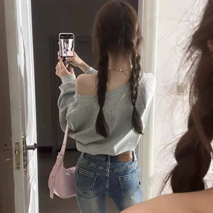 Women Hoodies Autumn Streetwear Off Shoulder Seductive Cropped All-match Sweatshirts Baggy Fashion Print Design Aesthetic Casual