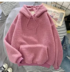 Women's Trendy Korean Style Loose-Fit Fleece-Lined Thickened Sweatshirt With Hoodie Autumn/Winter Warm and Comfortable