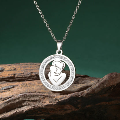 Mom Baby Clear Zircon Round Pendant Necklace Stainless Steel Gold Color Choker Fashion Family Jewelry Mother's Day Gift New In