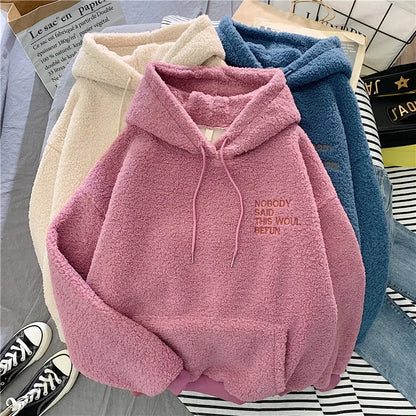 Women's Trendy Korean Style Loose-Fit Fleece-Lined Thickened Sweatshirt With Hoodie Autumn/Winter Warm and Comfortable