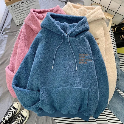 Women's Trendy Korean Style Loose-Fit Fleece-Lined Thickened Sweatshirt With Hoodie Autumn/Winter Warm and Comfortable