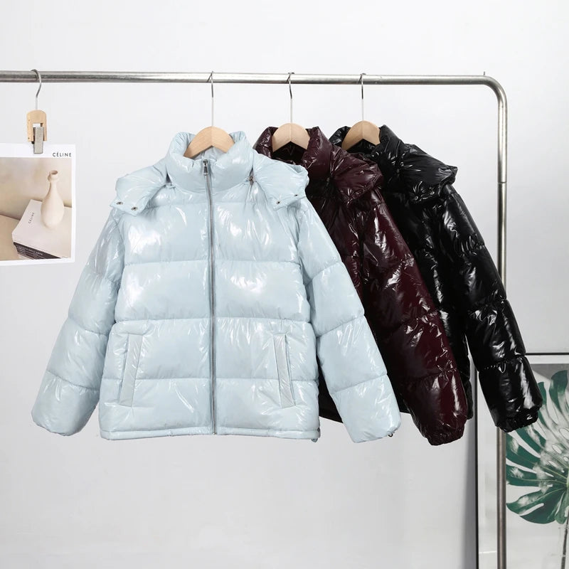 Solid Glossy Zipper Hooded Coats Women's Warm Elastic Waist Pleated Short Cotton Jacket 2025 Winter New Lady High Street Outwear