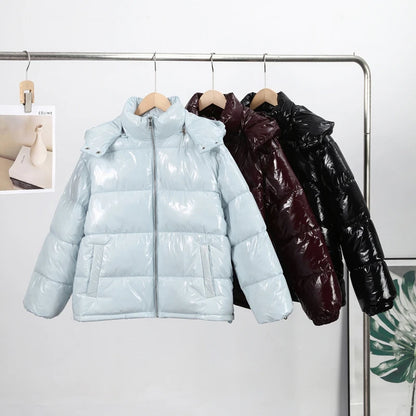 Solid Glossy Zipper Hooded Coats Women's Warm Elastic Waist Pleated Short Cotton Jacket 2025 Winter New Lady High Street Outwear