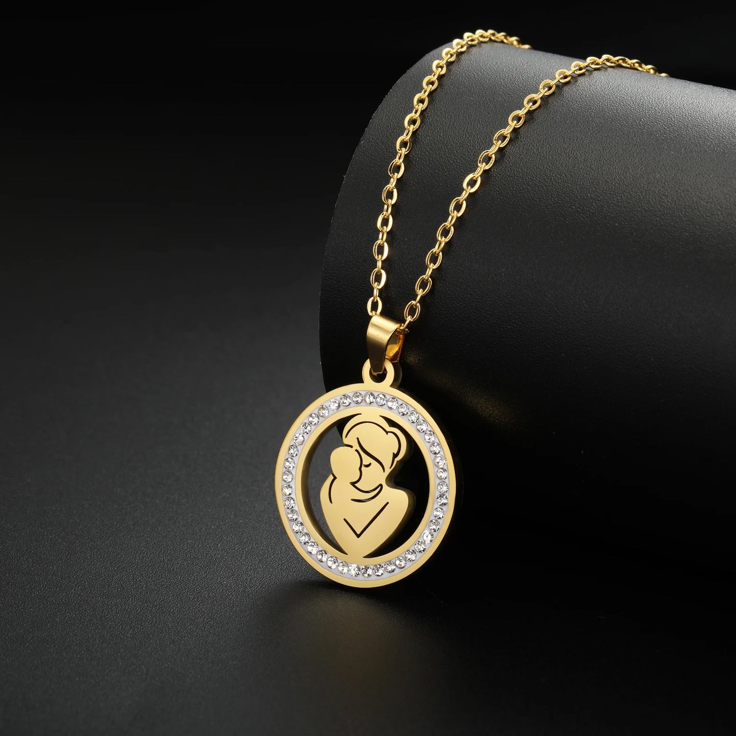 Mom Baby Clear Zircon Round Pendant Necklace Stainless Steel Gold Color Choker Fashion Family Jewelry Mother's Day Gift New In