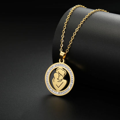 Mom Baby Clear Zircon Round Pendant Necklace Stainless Steel Gold Color Choker Fashion Family Jewelry Mother's Day Gift New In