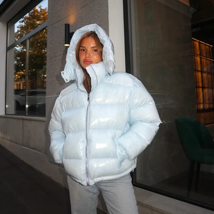 Solid Glossy Zipper Hooded Coats Women's Warm Elastic Waist Pleated Short Cotton Jacket 2025 Winter New Lady High Street Outwear